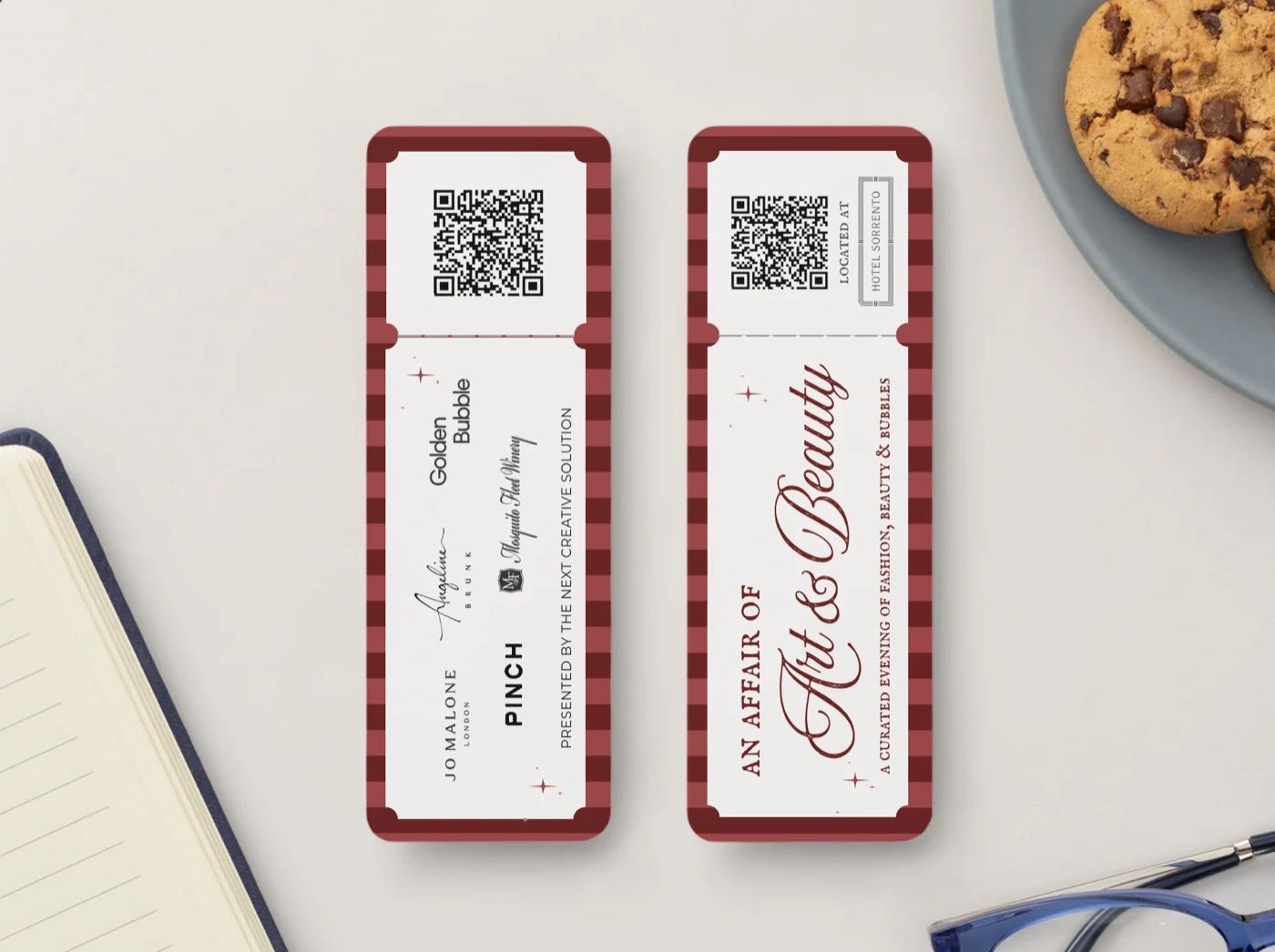 Two striped ticket-style cards with QR codes, showing the partner brands on one and the event name on the other