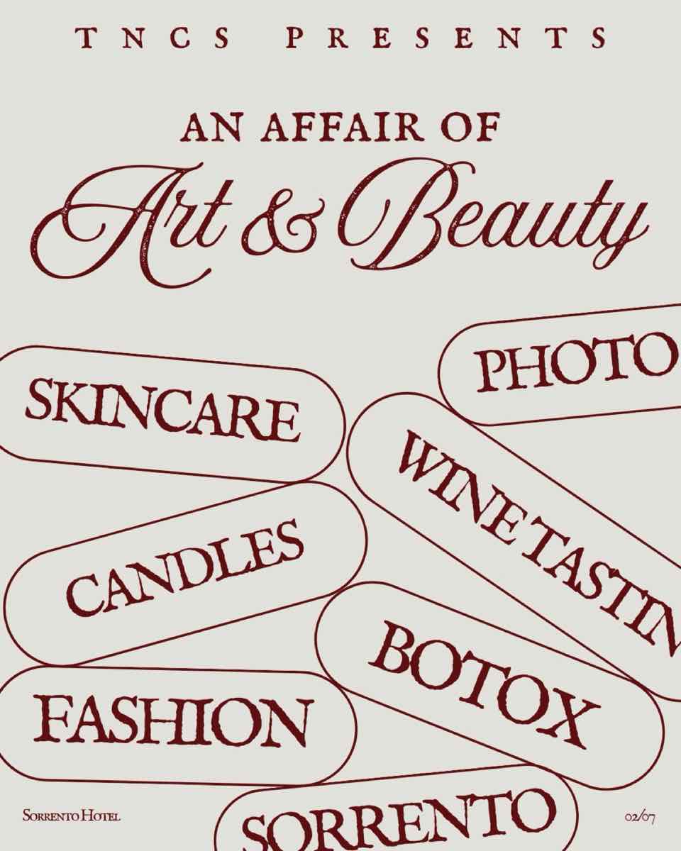 TNCS Presents graphic listing skincare, candles, fashion, photo, wine tasting and Botox