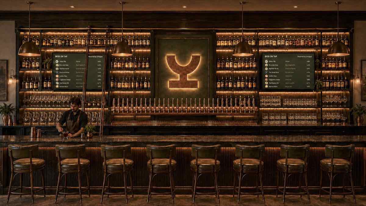 The Clifton’s monogram glowing on a dark green wall behind a bar
