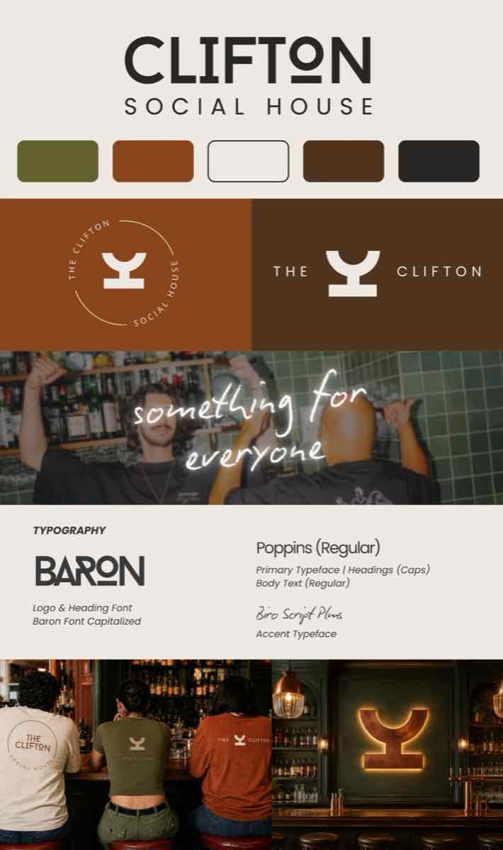 The Clifton brand board: logo, color palette, typography and photography