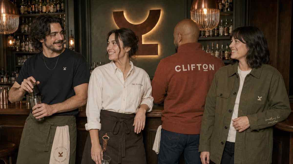 Staff in Clifton uniforms in front of the glowing monogram