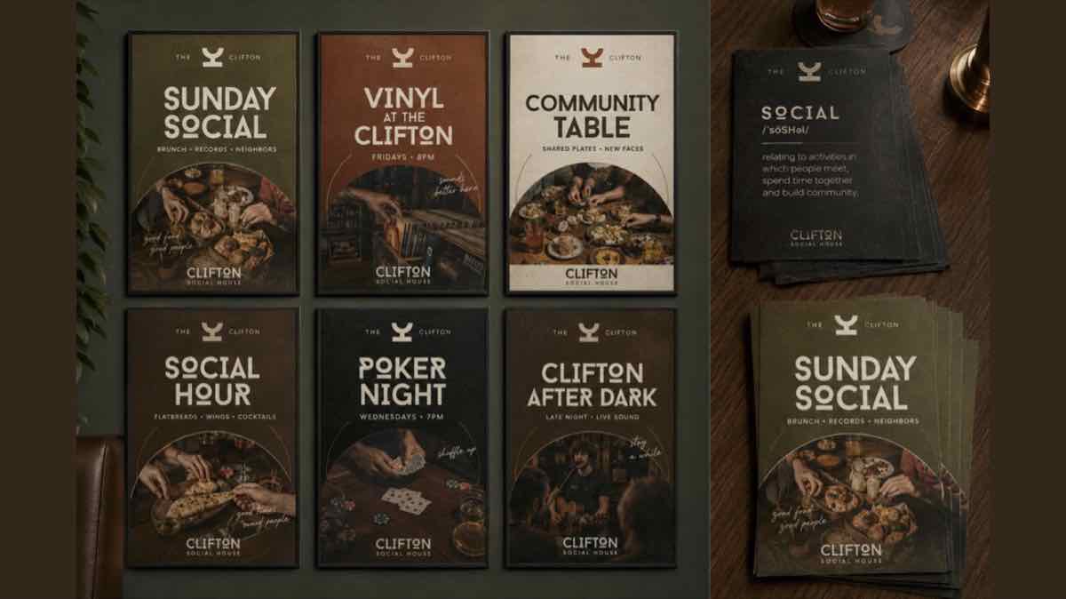Event posters for Sunday Social, Vinyl at the Clifton and Poker Night