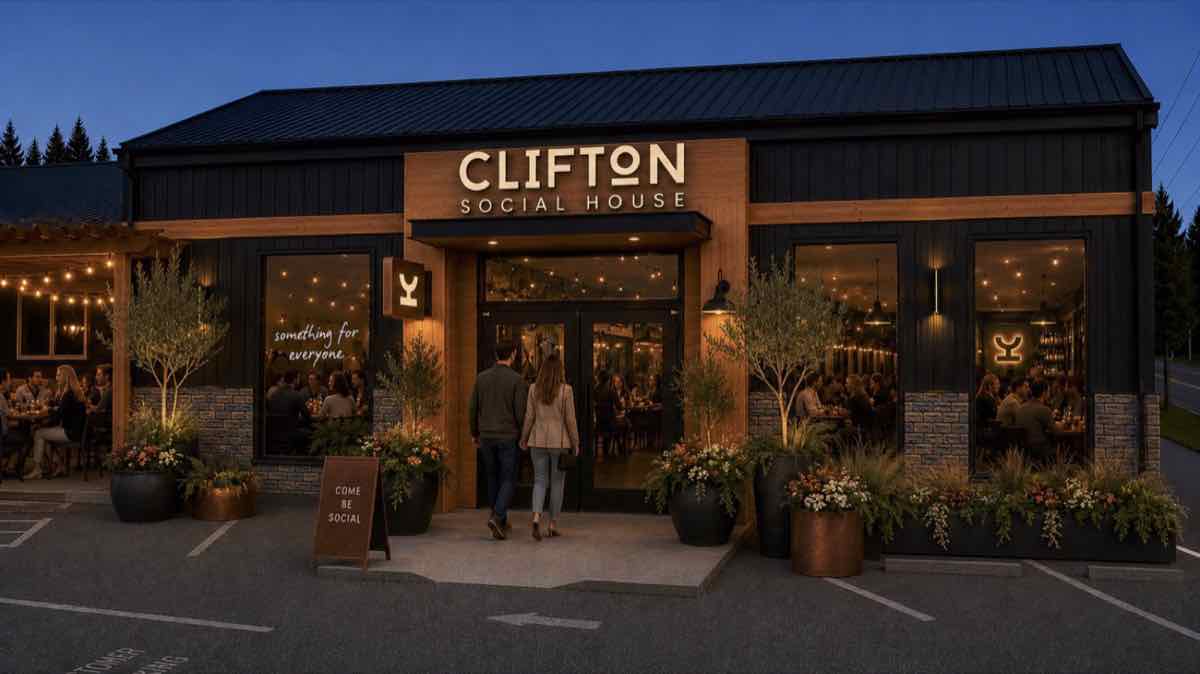 The Clifton Social House exterior at dusk with illuminated signage