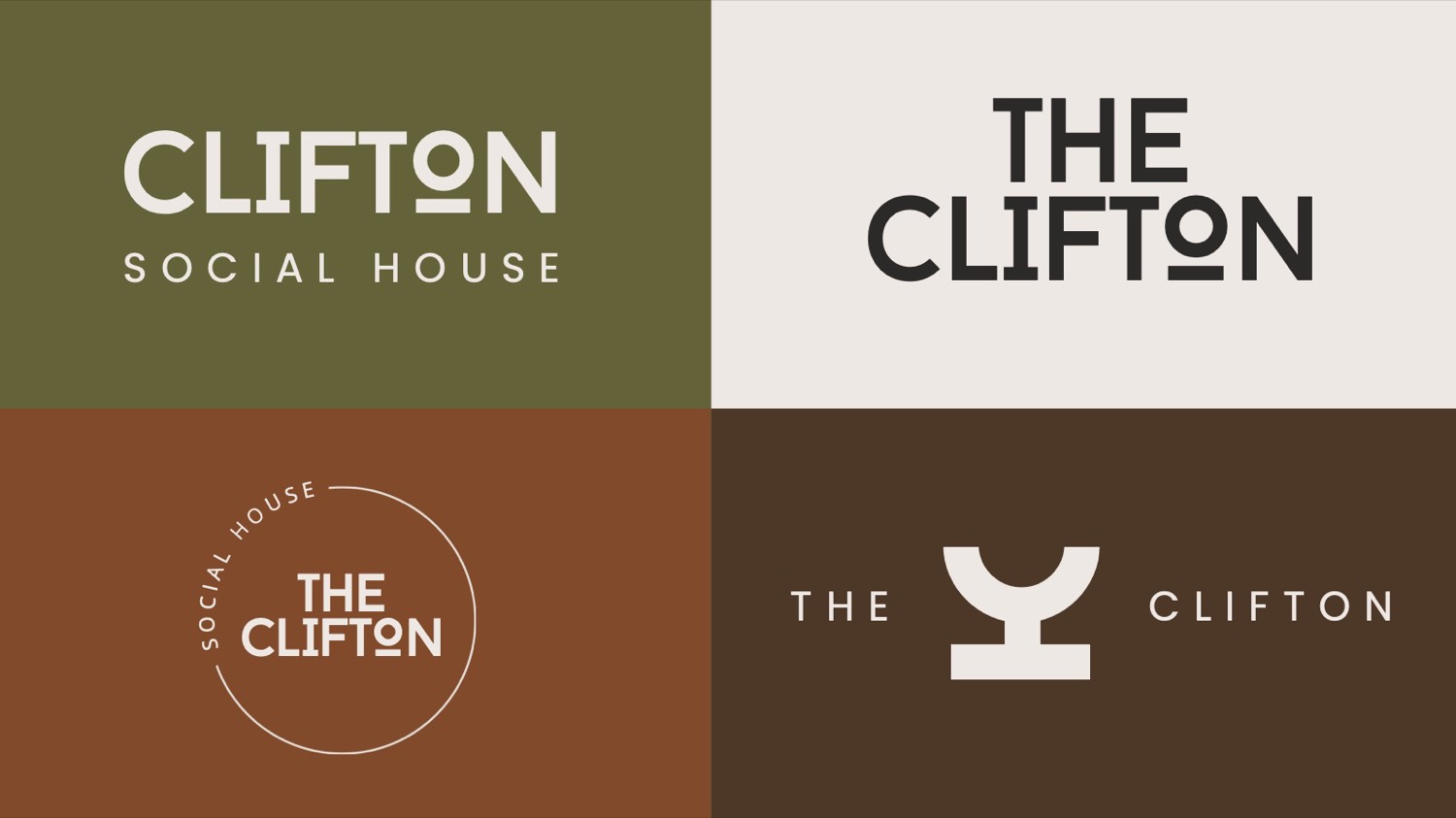 The Clifton logo suite on olive, cream, rust and brown backgrounds