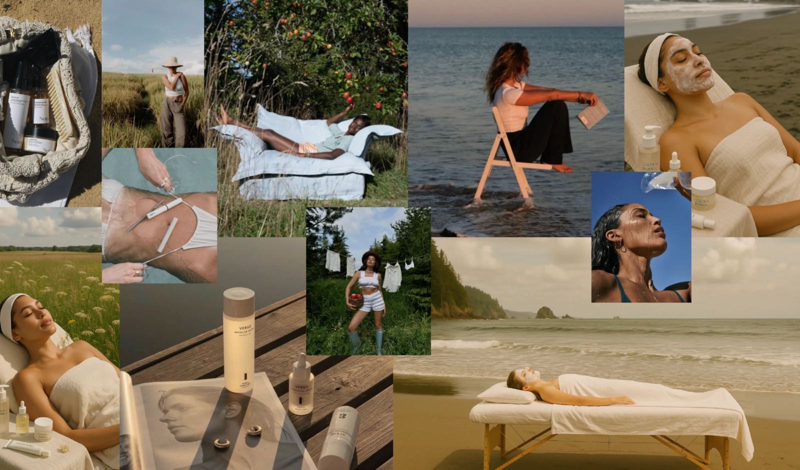 Mood board collage of outdoor spa and skincare imagery on beaches, meadows and gardens