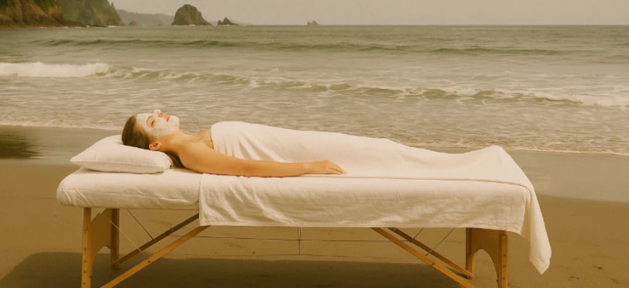 Mood board reference: a facial on a massage table on the beach