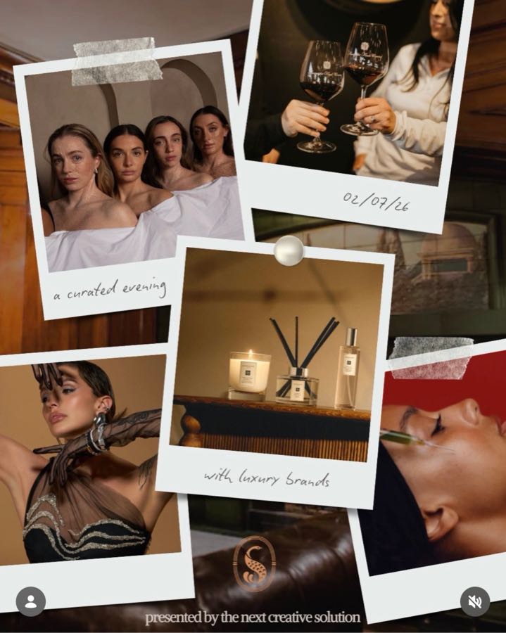 Slide 2: a polaroid collage with partner brand imagery, captioned a curated evening, 02/07/26, with luxury brands, presented by the next creative solution